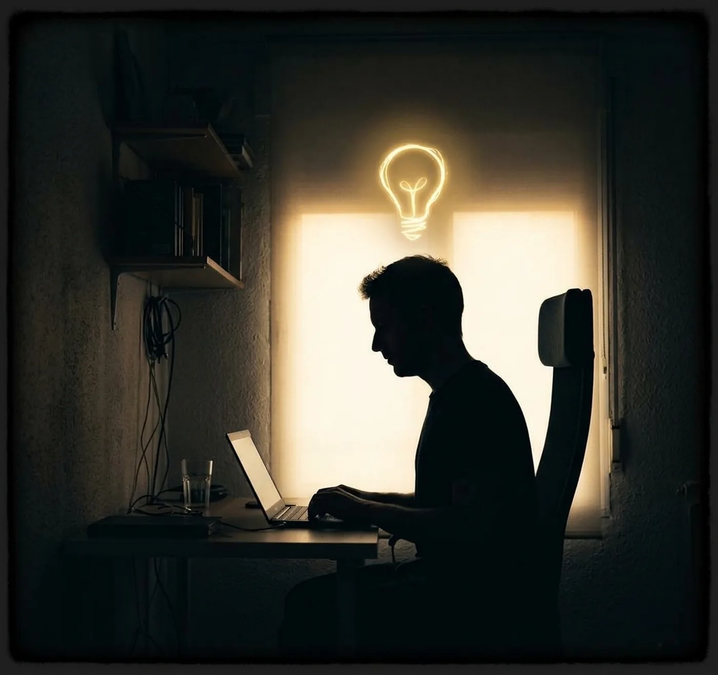 Un hombre, a contraluz, trabaja en su laptop frente a una ventana iluminada y se le enciende una idea